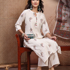Elegant Off White Cotton Printed Straight Kurta Palazzo Set with Mandarin Collar