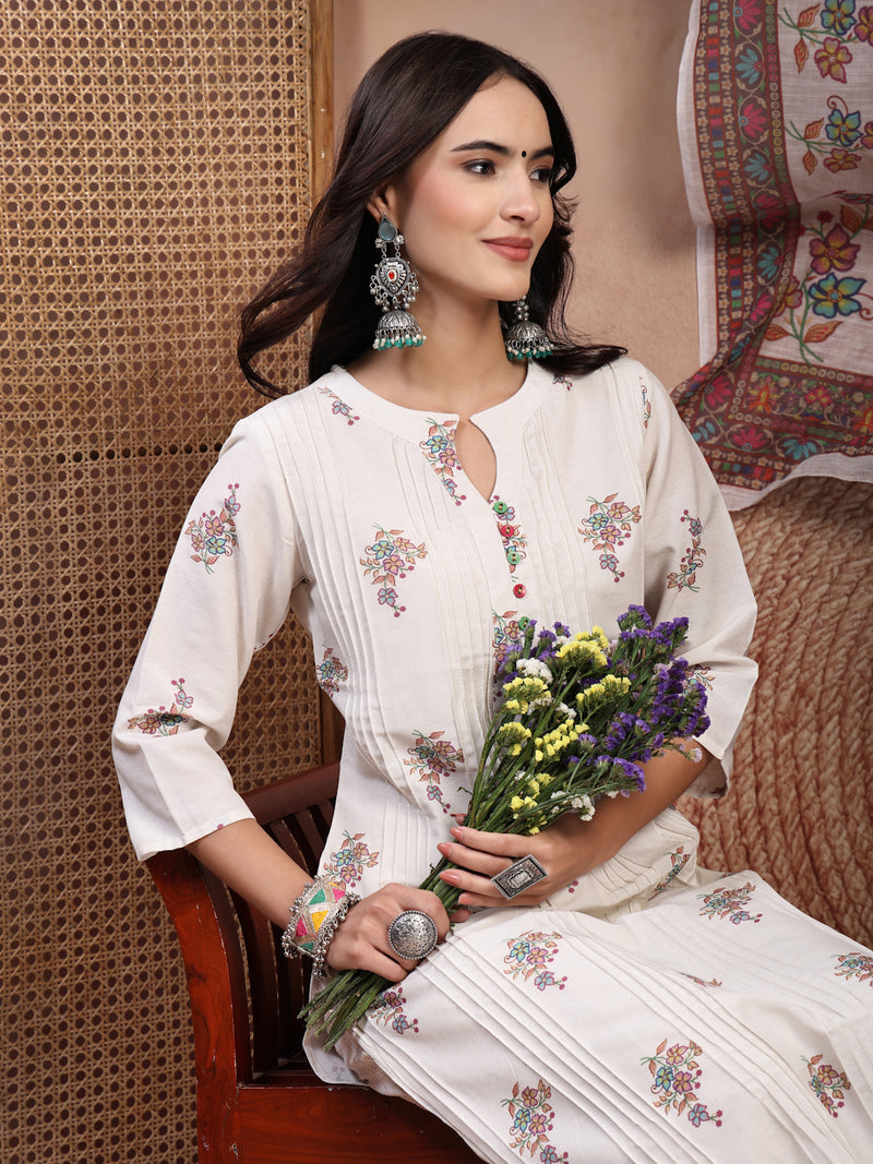 Elegant Off White Cotton Printed Straight Kurta Palazzo Set with Mandarin Collar
