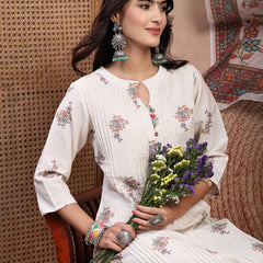 Elegant Off White Cotton Printed Straight Kurta Palazzo Set with Mandarin Collar