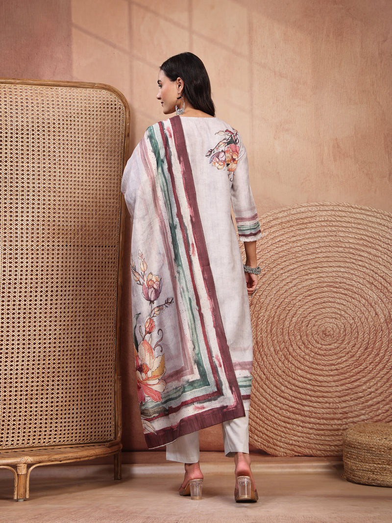 Elegant Grey Cotton Printed Straight Kurta Trouser Set