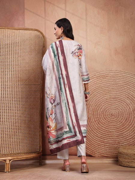 Elegant Grey Cotton Printed Straight Kurta Trouser Set