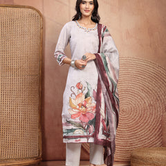 Elegant Grey Cotton Printed Straight Kurta Trouser Set