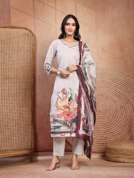 Elegant Grey Cotton Printed Straight Kurta Trouser Set