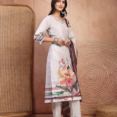 Elegant Grey Cotton Printed Straight Kurta Trouser Set
