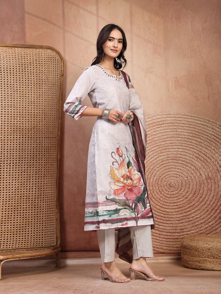 Elegant Grey Cotton Printed Straight Kurta Trouser Set