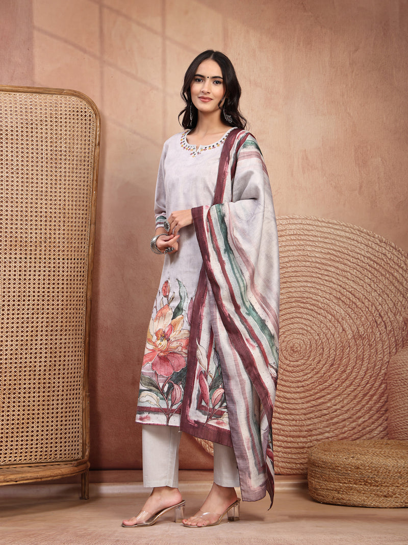 Elegant Grey Cotton Printed Straight Kurta Trouser Set