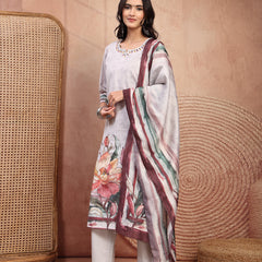 Elegant Grey Cotton Printed Straight Kurta Trouser Set