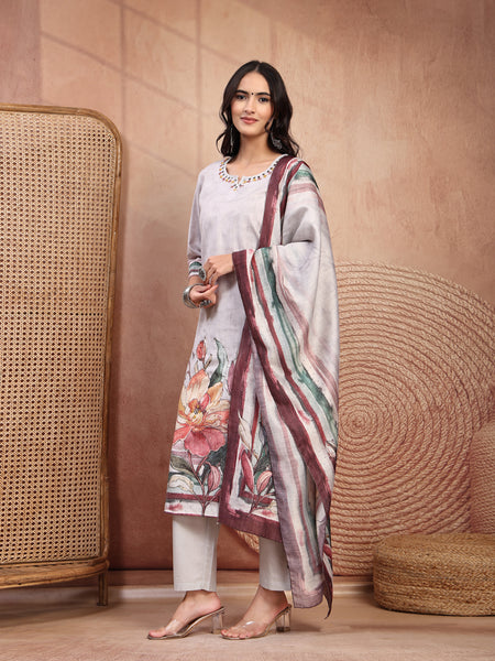 Elegant Grey Cotton Printed Straight Kurta Trouser Set