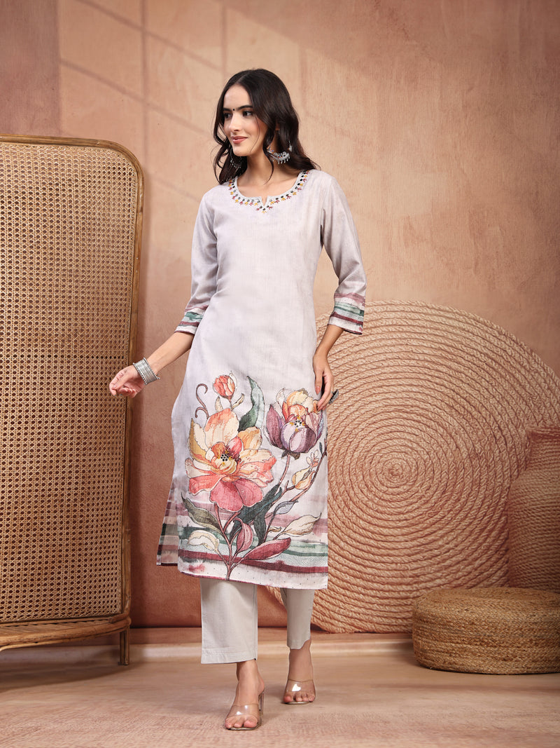 Elegant Grey Cotton Printed Straight Kurta Trouser Set