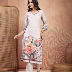 Elegant Grey Cotton Printed Straight Kurta Trouser Set