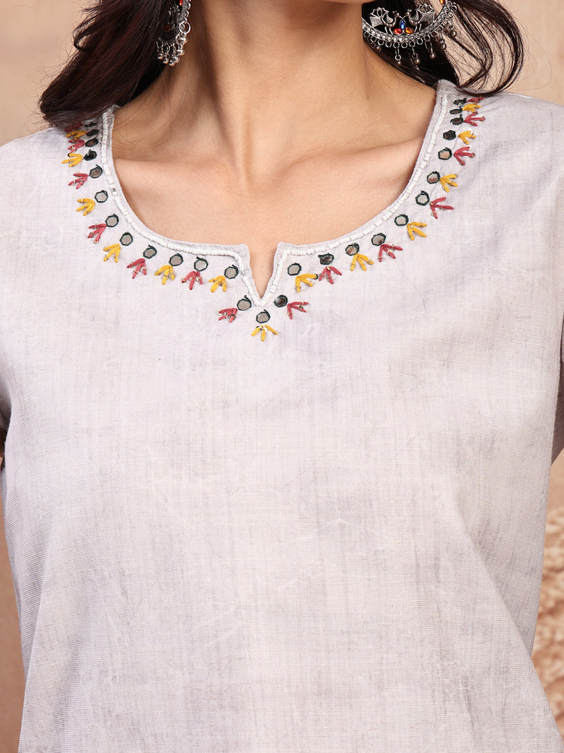 Elegant Grey Cotton Printed Straight Kurta Trouser Set