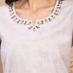 Elegant Grey Cotton Printed Straight Kurta Trouser Set