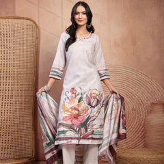 Elegant Grey Cotton Printed Straight Kurta Trouser Set