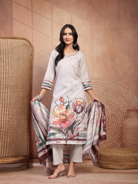 Elegant Grey Cotton Printed Straight Kurta Trouser Set