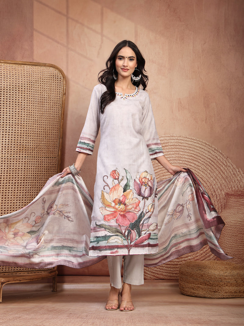 Elegant Grey Cotton Printed Straight Kurta Trouser Set