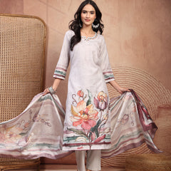Elegant Grey Cotton Printed Straight Kurta Trouser Set