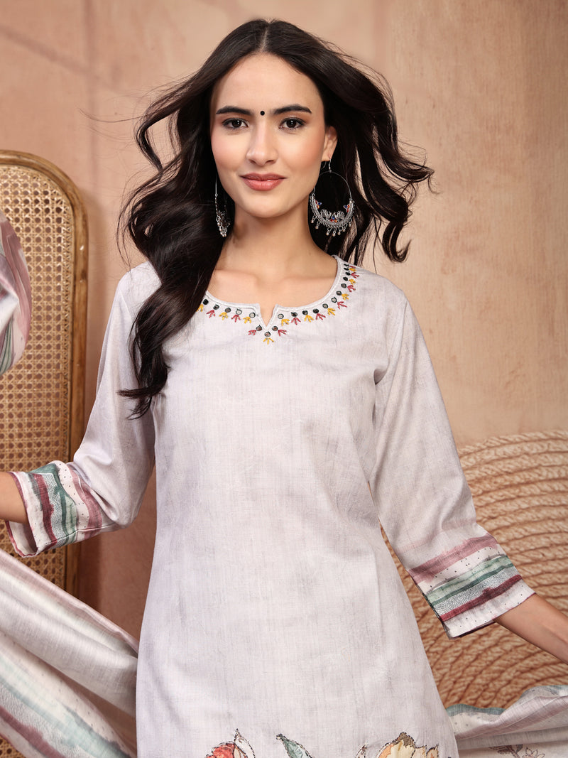 Elegant Grey Cotton Printed Straight Kurta Trouser Set