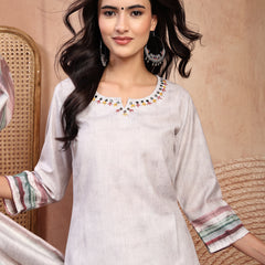 Elegant Grey Cotton Printed Straight Kurta Trouser Set