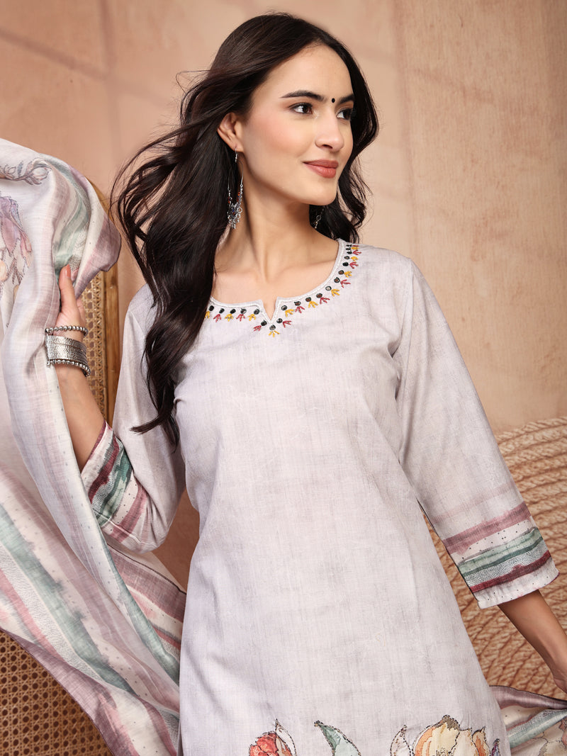 Elegant Grey Cotton Printed Straight Kurta Trouser Set