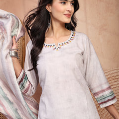 Elegant Grey Cotton Printed Straight Kurta Trouser Set