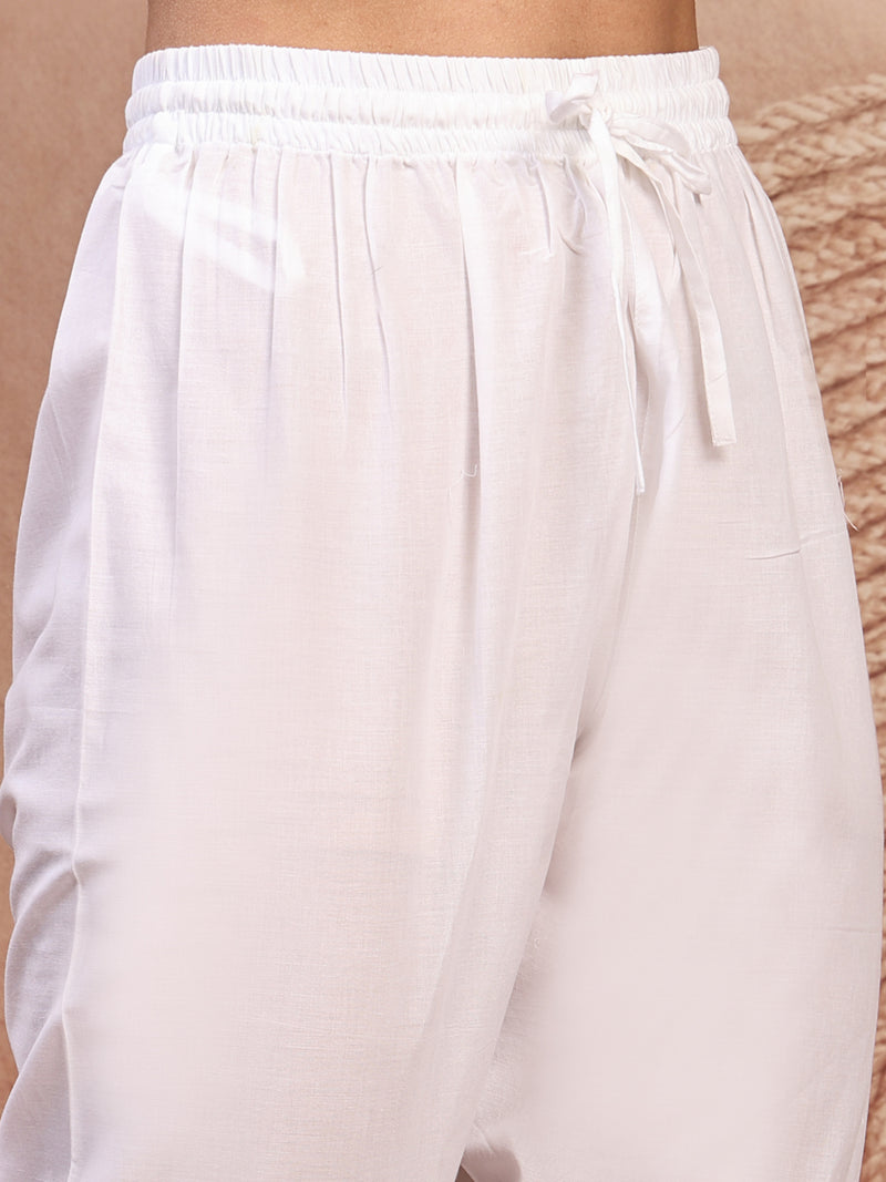 Graceful White Cotton Anarkali Set with Intricate Embroidery & V-Neck