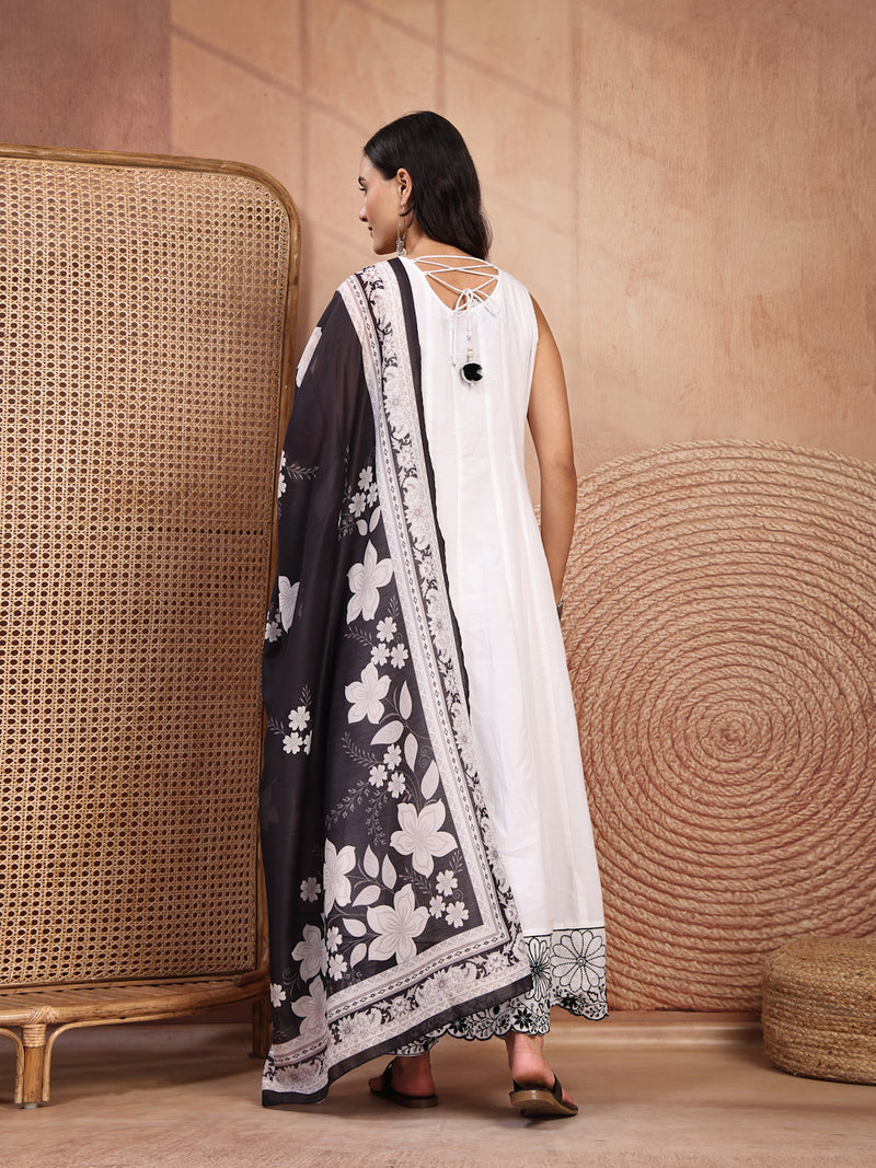 Graceful White Cotton Anarkali Set with Intricate Embroidery & V-Neck