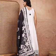 Graceful White Cotton Anarkali Set with Intricate Embroidery & V-Neck