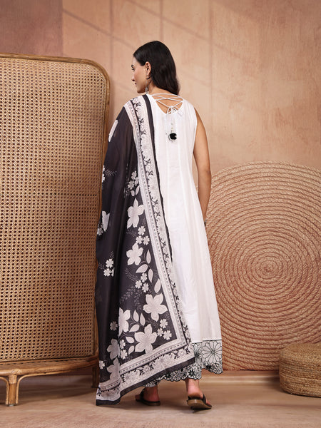 Graceful White Cotton Anarkali Set with Intricate Embroidery & V-Neck