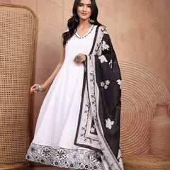 Graceful White Cotton Anarkali Set with Intricate Embroidery & V-Neck