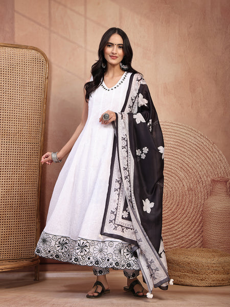 Graceful White Cotton Anarkali Set with Intricate Embroidery & V-Neck