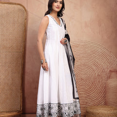 Graceful White Cotton Anarkali Set with Intricate Embroidery & V-Neck