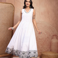 Graceful White Cotton Anarkali Set with Intricate Embroidery & V-Neck