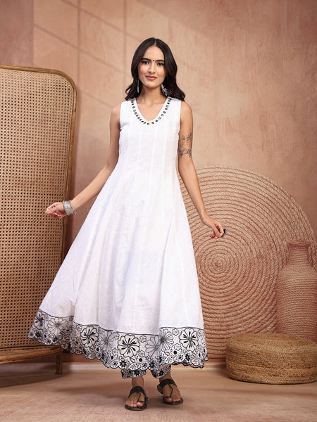Graceful White Cotton Anarkali Set with Intricate Embroidery & V-Neck