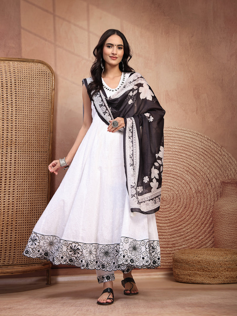 Graceful White Cotton Anarkali Set with Intricate Embroidery & V-Neck