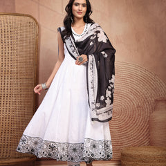 Graceful White Cotton Anarkali Set with Intricate Embroidery & V-Neck