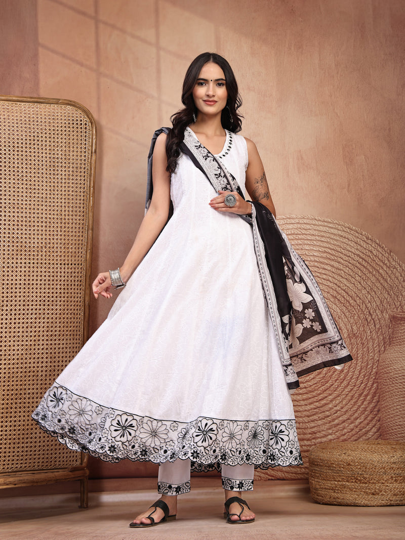Graceful White Cotton Anarkali Set with Intricate Embroidery & V-Neck