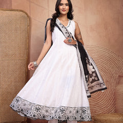 Graceful White Cotton Anarkali Set with Intricate Embroidery & V-Neck