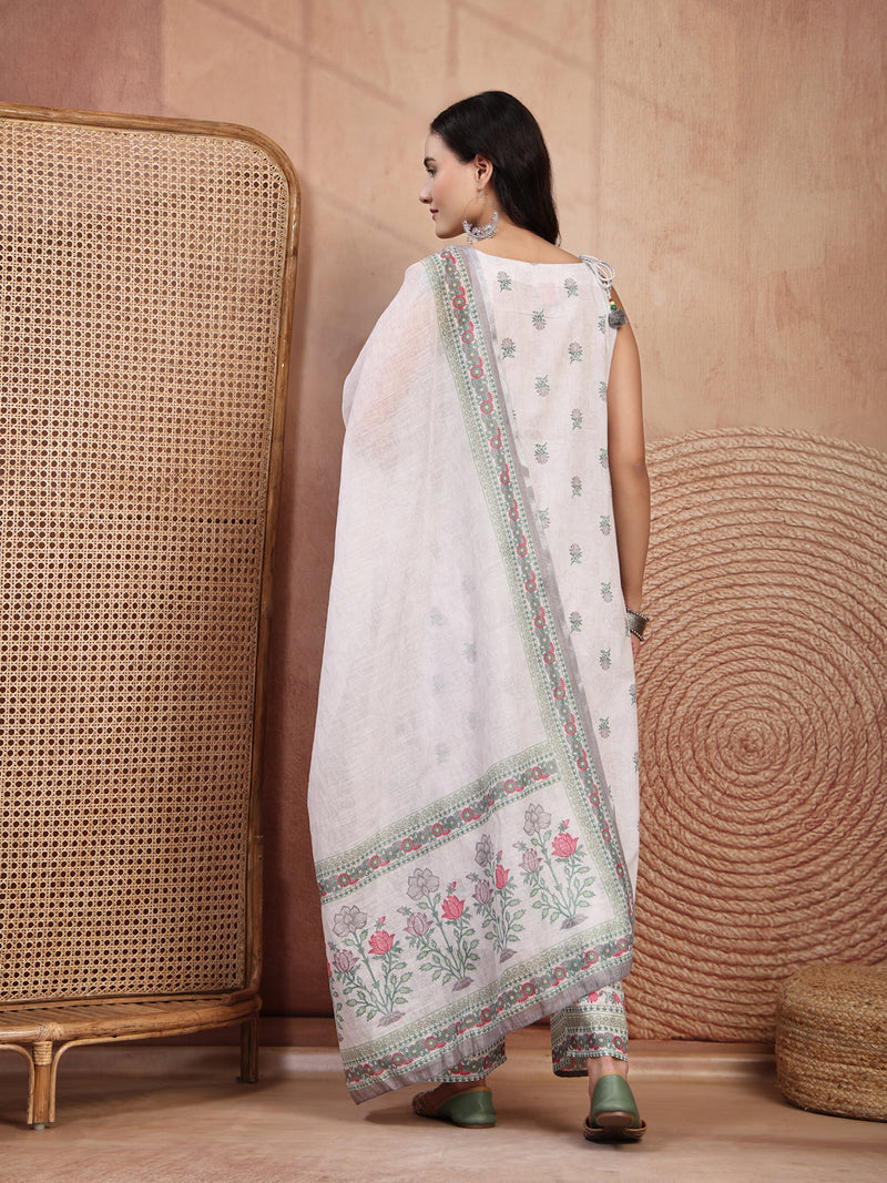 Elegant White Cotton Printed Straight Kurta Palazzo Set