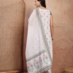 Elegant White Cotton Printed Straight Kurta Palazzo Set