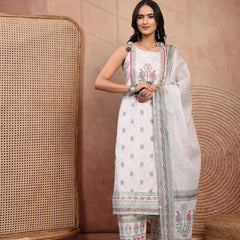 Elegant White Cotton Printed Straight Kurta Palazzo Set