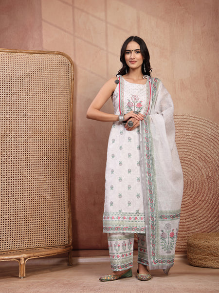 Elegant White Cotton Printed Straight Kurta Palazzo Set