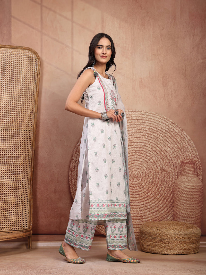 Elegant White Cotton Printed Straight Kurta Palazzo Set