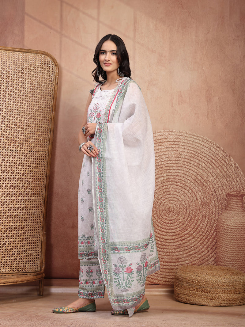Elegant White Cotton Printed Straight Kurta Palazzo Set