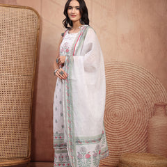 Elegant White Cotton Printed Straight Kurta Palazzo Set
