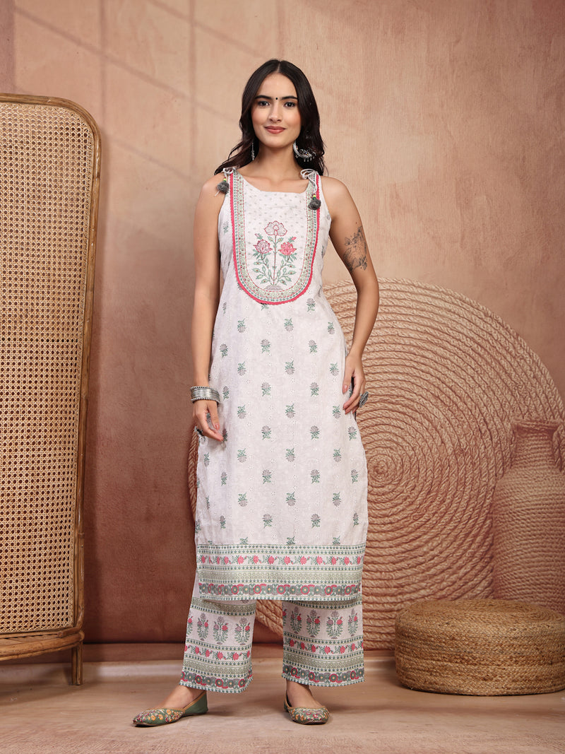 Elegant White Cotton Printed Straight Kurta Palazzo Set