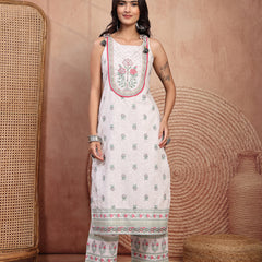 Elegant White Cotton Printed Straight Kurta Palazzo Set