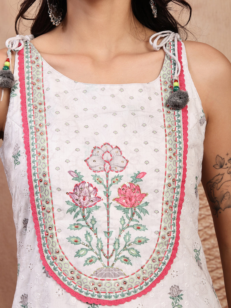Elegant White Cotton Printed Straight Kurta Palazzo Set