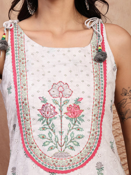 Elegant White Cotton Printed Straight Kurta Palazzo Set