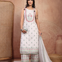 Elegant White Cotton Printed Straight Kurta Palazzo Set