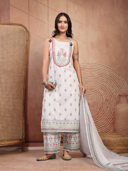 Elegant White Cotton Printed Straight Kurta Palazzo Set
